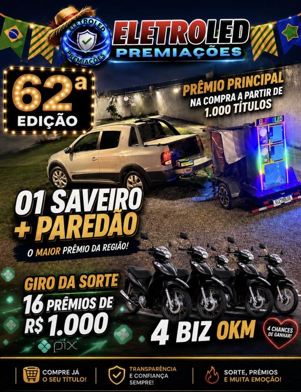 62° EDIÇÃO – 1 SAVEIRO  + 4 MOTOS HONDA E 16 PIX DE 1.000,00 NA ROLETAS PREMIADA
